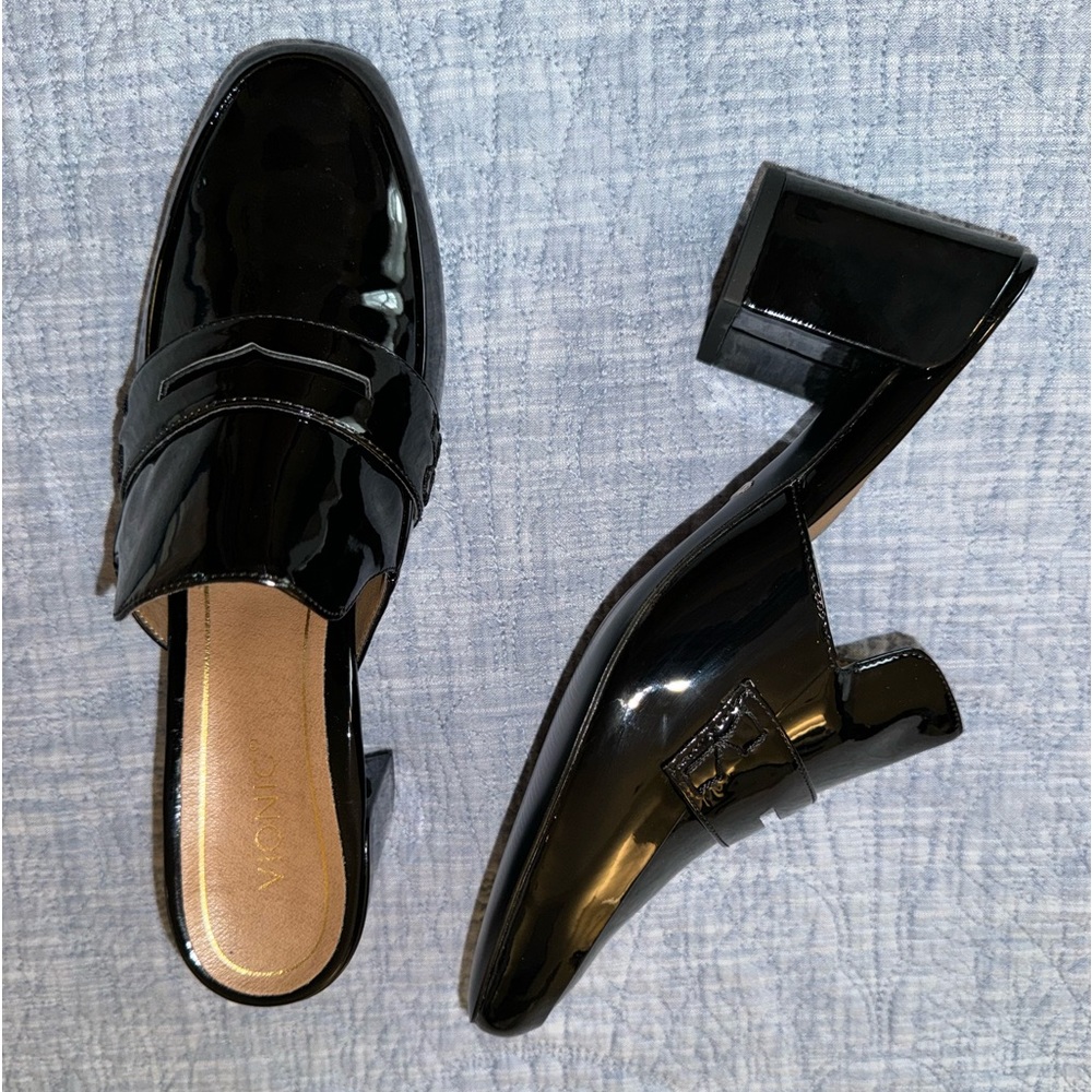 Vionic Annabel Black Patent Block Heel Slip On Mules Women's 9.5